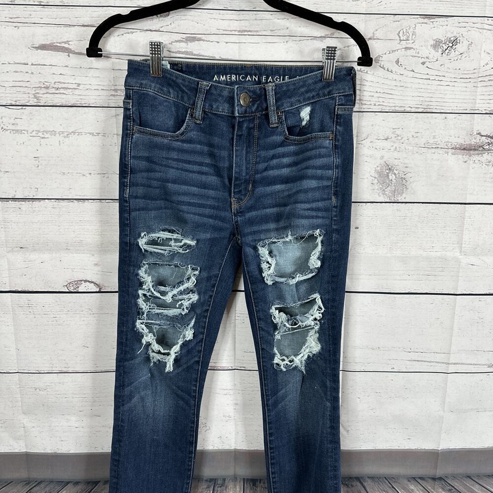 American Eagle Jeans Womens 6 Blue High Rise Jegging Next level Stretch Distress - Picture 2 of 10